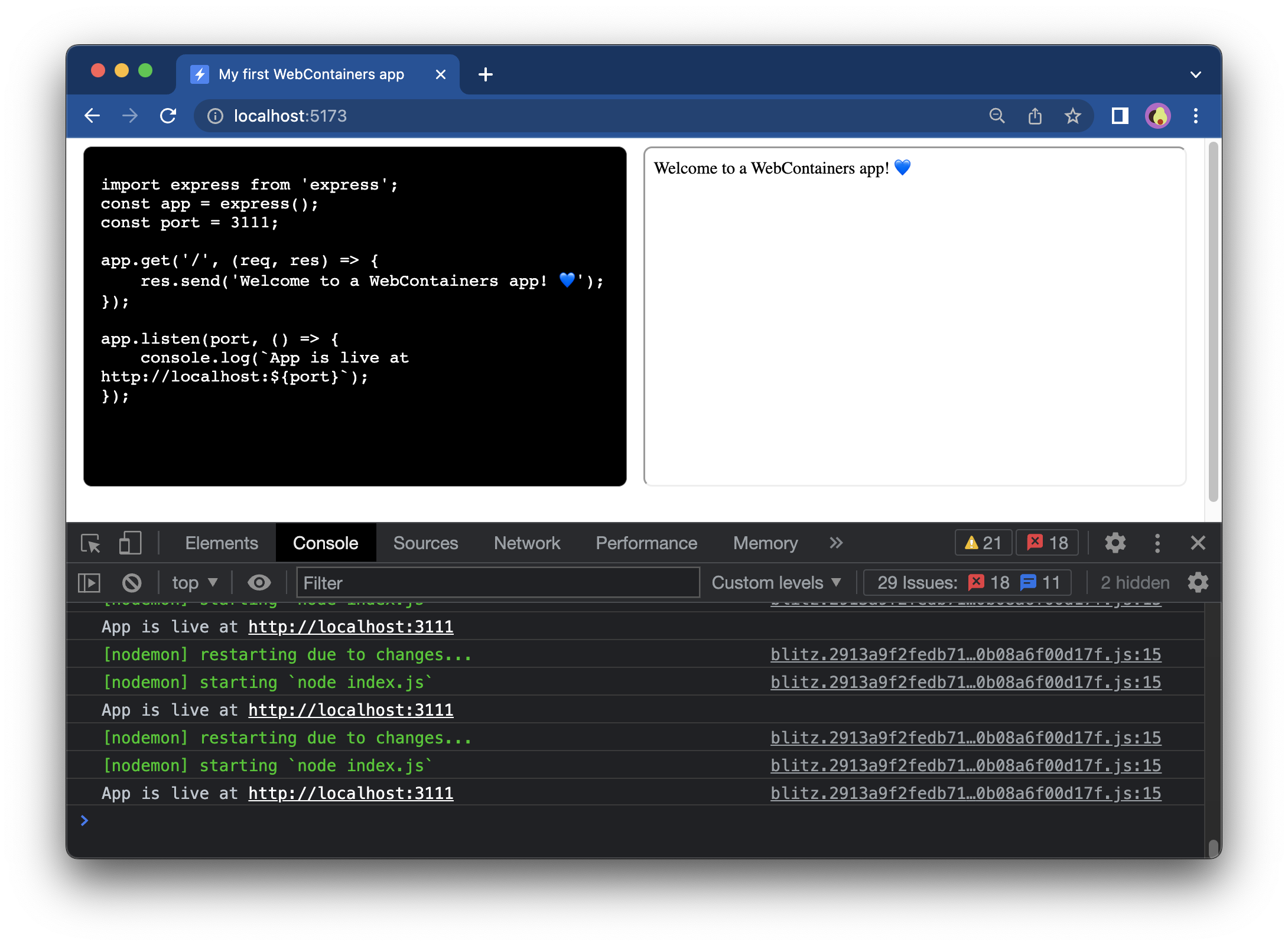 An app with a textarea showing express js index.js code on left, and its output on right side using an iframe